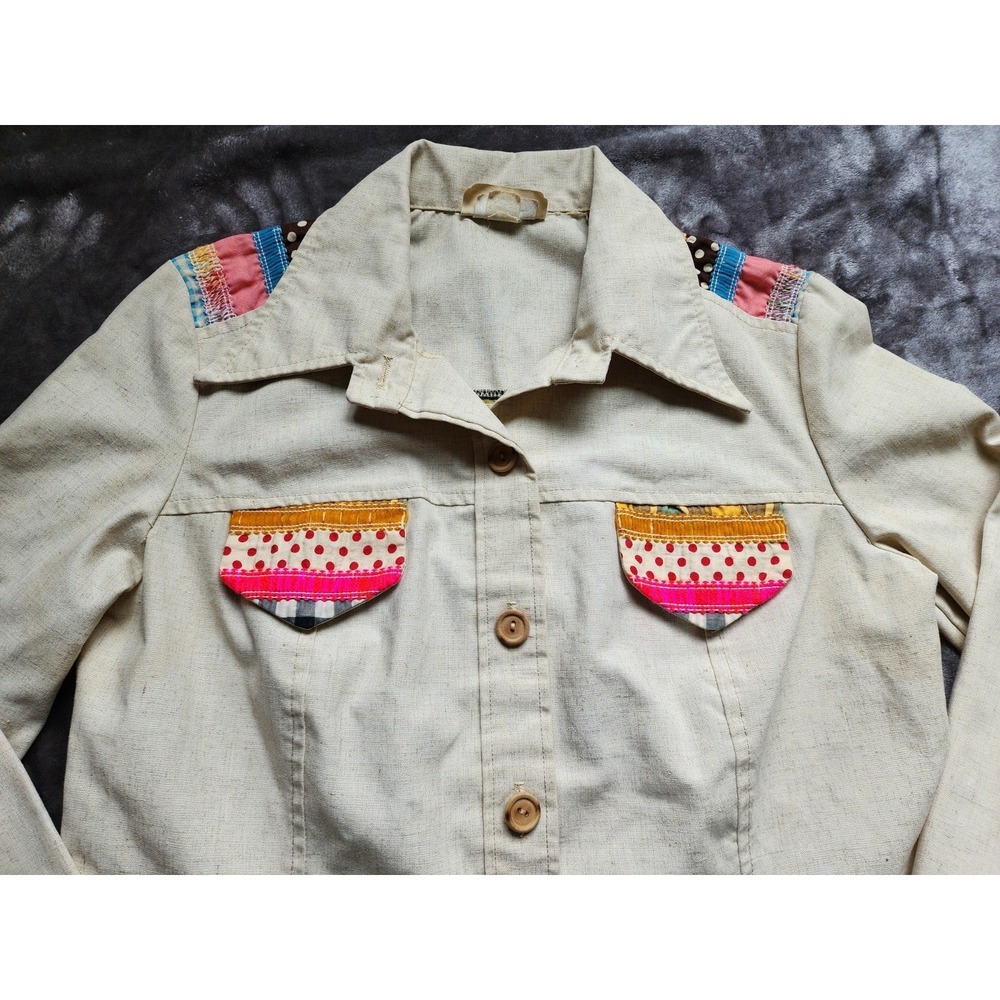 Latch On Vintage 70s Patchwork Style Button Down Shirt Womens 16 Tan Multi-Color - Picture 3 of 8